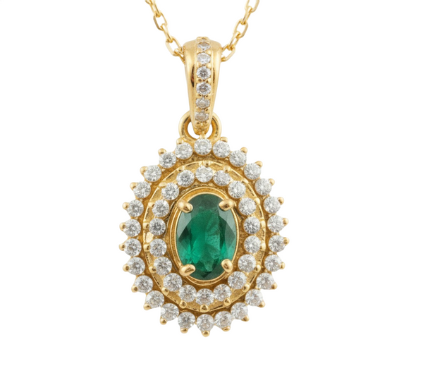 1 carat Vintage Style Oval Emerald Pendant with Diamond Halo in 14K Gold