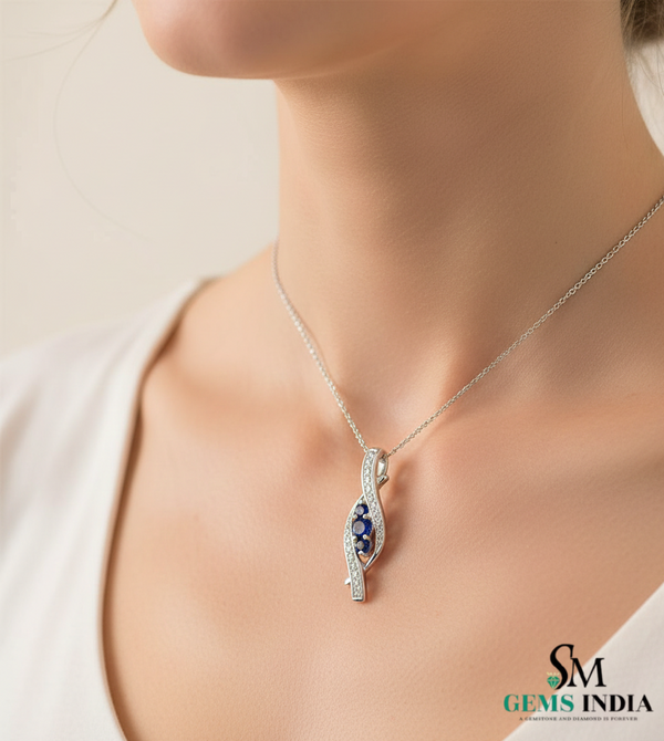 Round Three-Stone Blue Sapphire Diamond Pendant – Elegant Twist Design