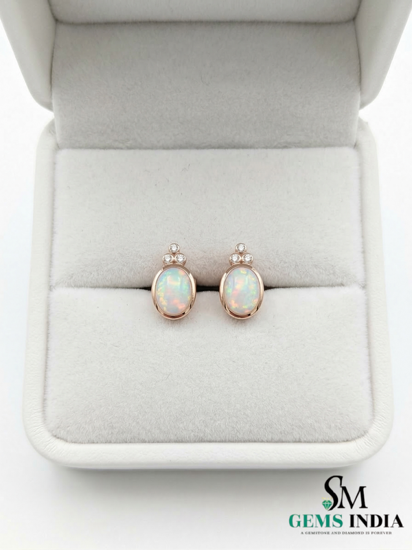 Oval Opal & Diamond Stud Earrings Elegant October Birthstone Opal Earrings for Women