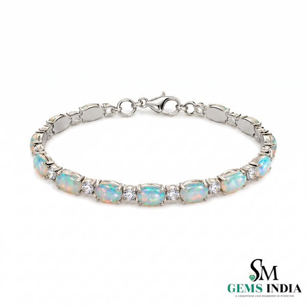 Oval Cut Opal Tennis Bracelet with Diamond Stations - Gift for her