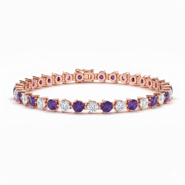 Round Natural Amethyst Diamond Bracelet for Women - Fine Gold Jewelry