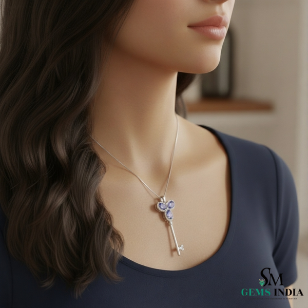 Natural Oval Tanzanite Key Pendant with Diamond Halo