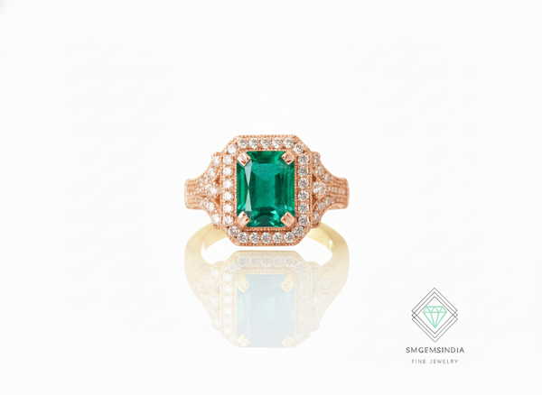 Emerald Cut Natural Emerald And Diamonds Vintage Split Band Ring in 14K Gold