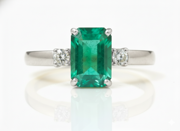 2.50 carat Elegant Emerald Cut Emerald Ring with Diamond Accents and 14k Gold Flat Band
