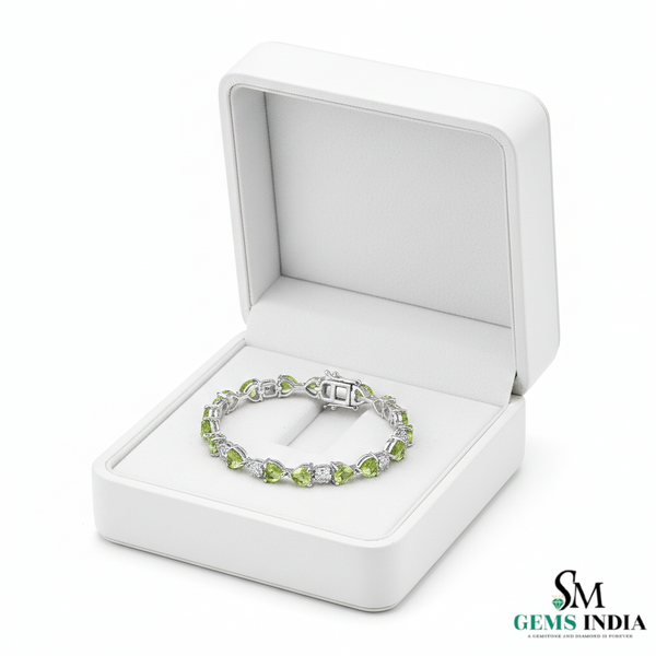 Green Heart Cut Gemstone & Diamond Gold Tennis Bracelet - Heart Jewelry
