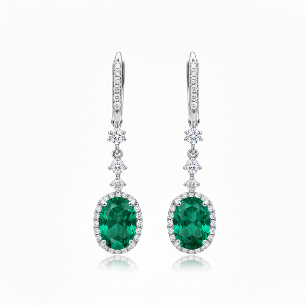 Gold Drop Earrings with Oval Natural Emerald and Diamond Accents Fine Gold Jewelry