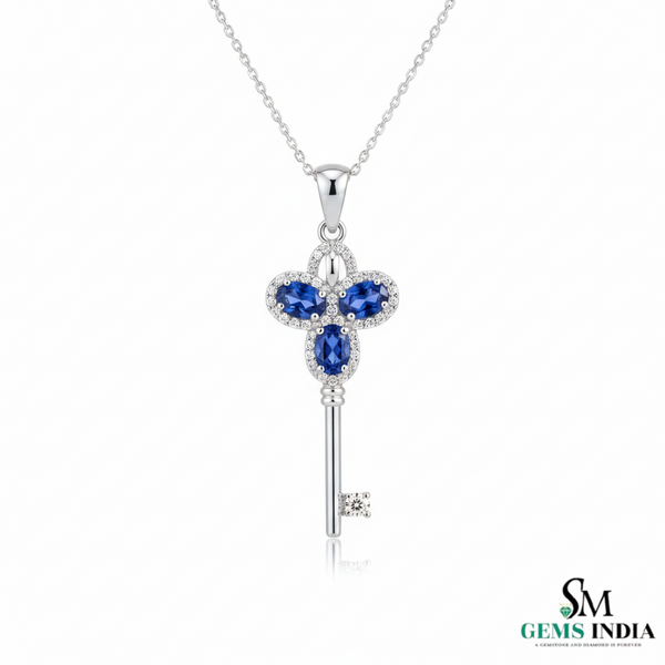 Natural Oval Tanzanite Key Pendant with Diamond Halo