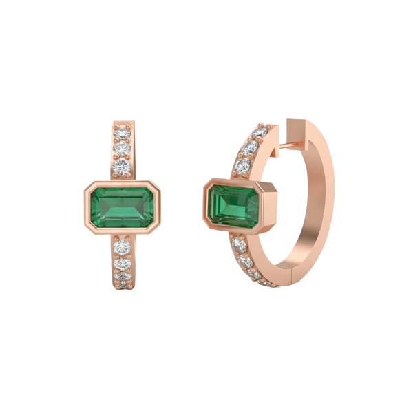 Minimalist Gold Modern Hoop Earrings Featuring Emerald Cut Natural Emerald Green Gemstone