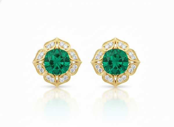 Vintage Floral cushion cutNatural Emerald & Diamond Stud Earrings in 18K Gold