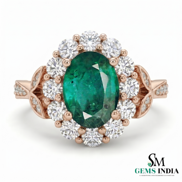 2.50 carat Oval Cut Emerald and Diamond Halo Ring in 14K Gold Vintage Engagement Ring