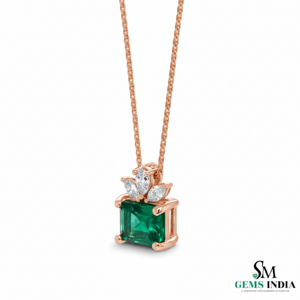 Emerald Cut Green Emerald Pendant with Diamond Cluster Bail Pendant