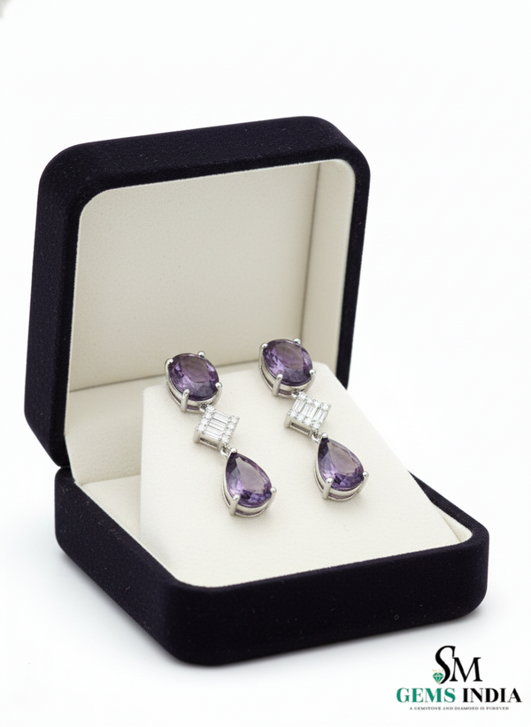 Elegant Oval and Pear Amethyst Drop Earrings with Baguette Diamond Accents