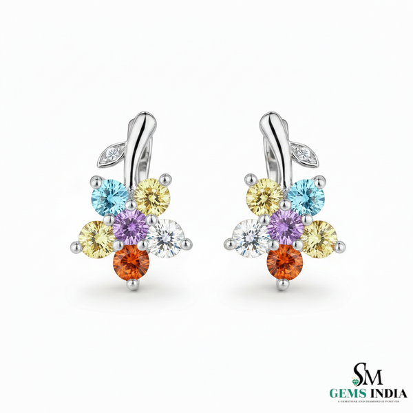 Multicolor Gemstone Flower Drop Earrings– Diamond Accent Floral Cluster Dangle Earrings for Women