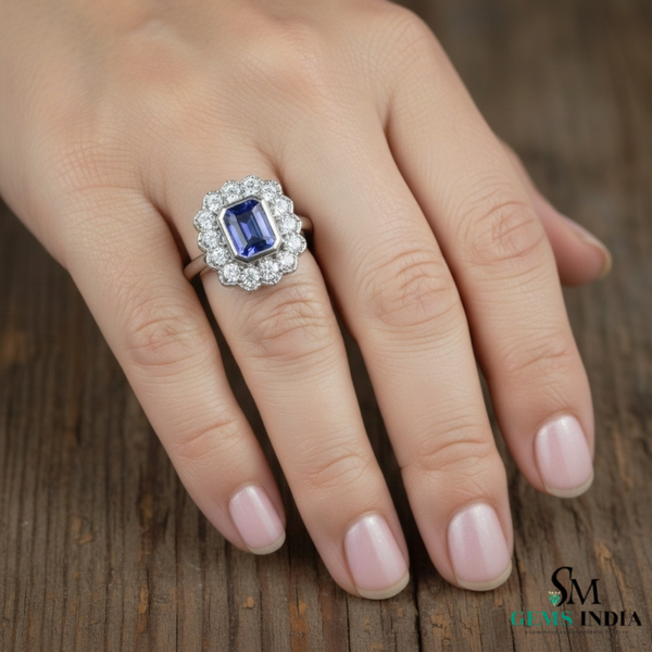 Natural Emerald Cut Tanzanite Ring with Diamonds – Vintage Elegance