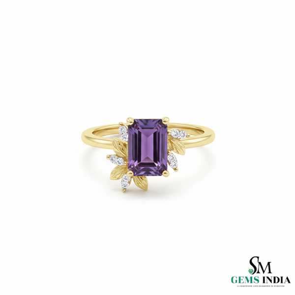 Doppelter Smaragd-Ring in offenem Design aus 14 Karat Gold – Band mit quadratisch und rund geschliffenen grünen Edelsteinen