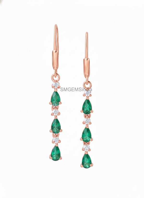 1.30 carat Pear Zambian Emerald Diamond Dangle Earrings 14k Gold Gift
