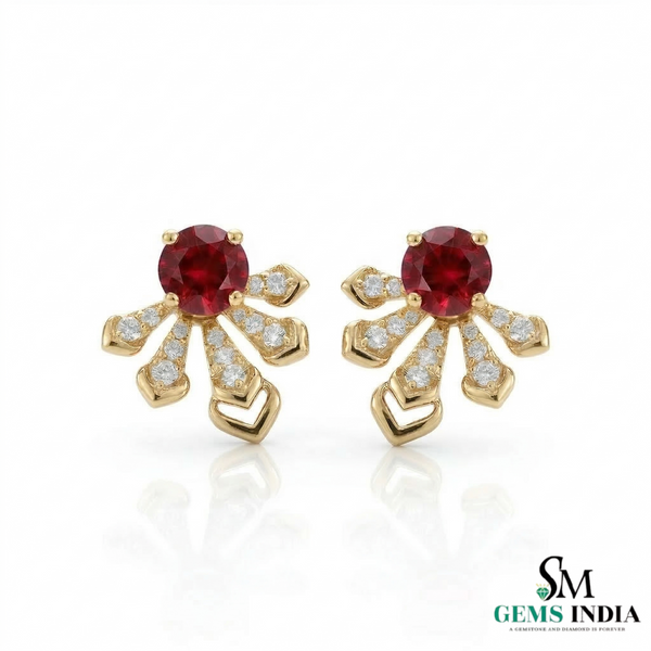 Dainty Round Ruby Flower Earrings Diamond Accent Gold Stud Earrings