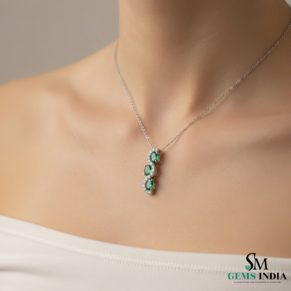 Three-Stone Oval Natural Emerald Halo Diamond Swirl Pendant in 18k Gold emerald gift for her