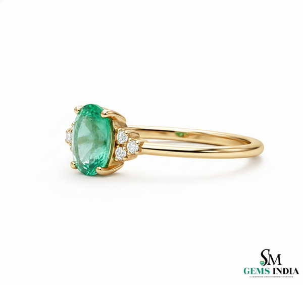 Natural Oval Emerald Engagement Ring with Diamond Accents – 14K Gold
