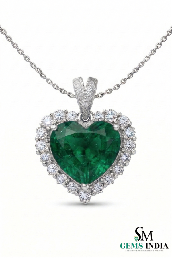 Heart Shape Emerald & Diamond Halo Pendant in Gold - Green Emerald Heart for Women
