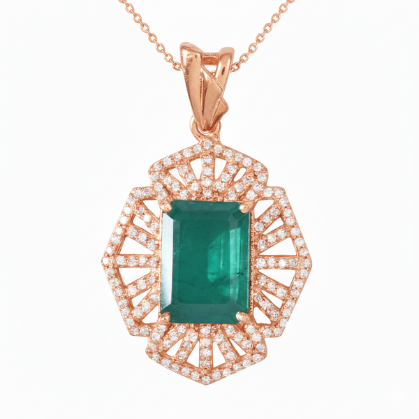 4.90 carat Elegant Art Deco Emerald cut Natural Emerald with Dazzling Diamond Border Pendant