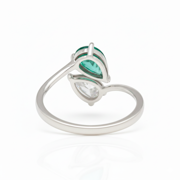 Pear Shape Natural Emerald And Moissanite Solitaire Ring - Women May Birthstone Gift Ring
