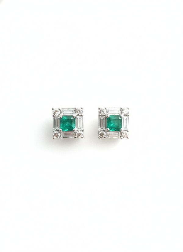 Square shape Natural Emerald Halo Studs with Diamond Accents – Fine Gold Earrings