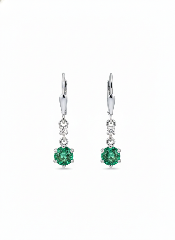Round Natural Emerald & Diamond Drop Earrings in 14K Gold Dainty Lever back Design
