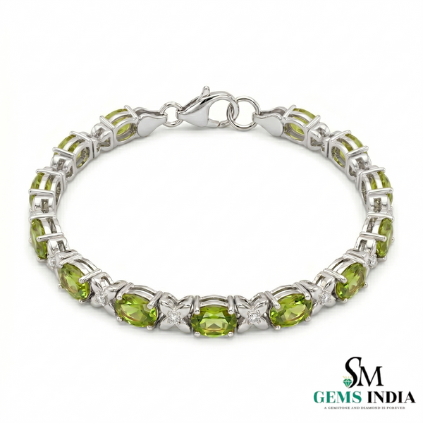 Natural Oval Peridot Bracelet with Diamond Flower Links for Women – August Birthstone Jewelry