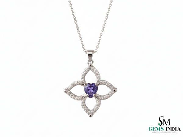 Natural Heart Cut Tanzanite Diamond Flower Pendant