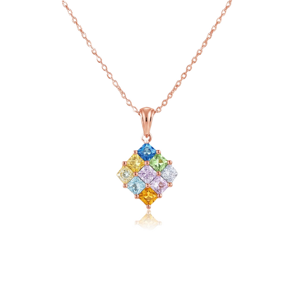 Multi Sapphire Gold Princess-Cut Multicolor Gemstone Square Pendant