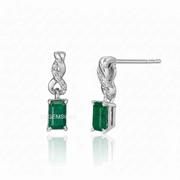 Emerald cut Natural Emerald and Diamond Twist Drop Earrings in 14K Gold Wedding Gift for her