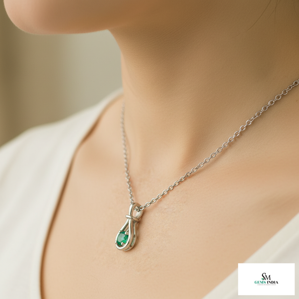 1.10 Round Natural Emerald pear-shaped open-frame design Pendant 14k Gold Solitaire Necklace