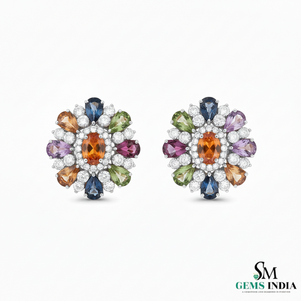 Pear shaped Multicolor Gemstone Floral Stud Earrings Diamond Accent Cluster Studs