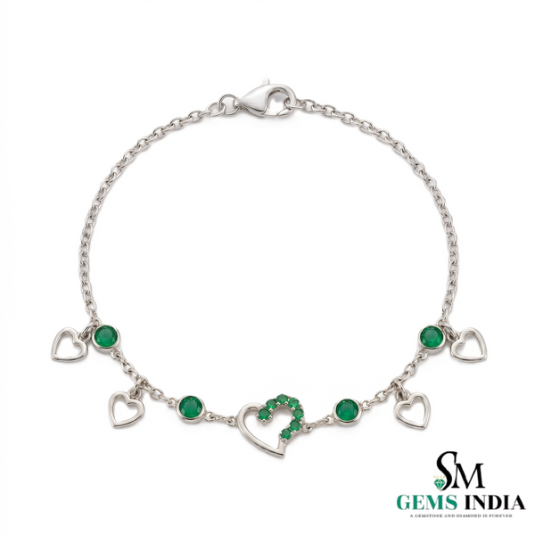 Gold Heart Charm Bracelet with Round Emerald Stones – Romantic Dainty Jewelry