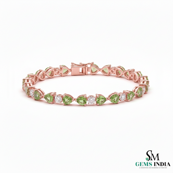 Green Heart Cut Gemstone & Diamond Gold Tennis Bracelet - Heart Jewelry