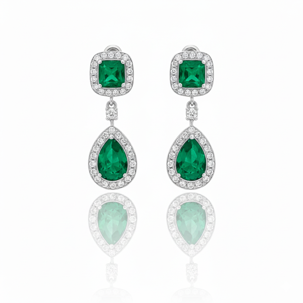 5.10 carat Luxury Emerald cut and Pear shaped Natural Emerald Teardrop Diamond Halo Earrings in Gold