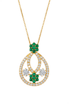 Floral Double Loop Round Natural Emerald and Diamond Teardrop Pendant in 14k gold