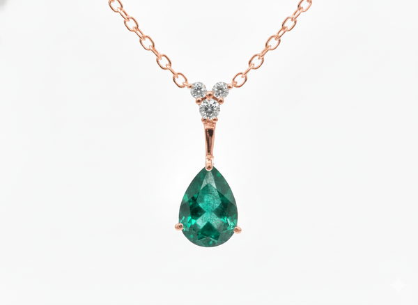 3.40 carat Luxury Pear Natural Emerald Pendant Necklace with Diamond Trio Accent