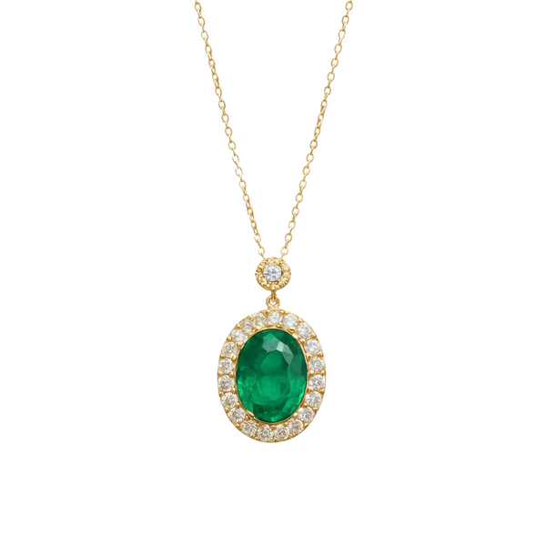 Green Gemstone Emerald and Diamond Halo Necklace 4.20 carat Oval Cut Gold Design