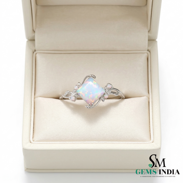 Octagon Cut Opal Ring with Floral Vine Design – Nature Inspired Yellow Gold Opal Ring