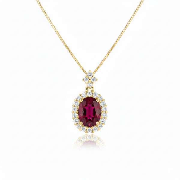 Oval Cut Ruby & Diamond Halo Pendant in 14K Gold