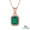 Emerald Cut Green Emerald Halo Pendant with Diamond Accents