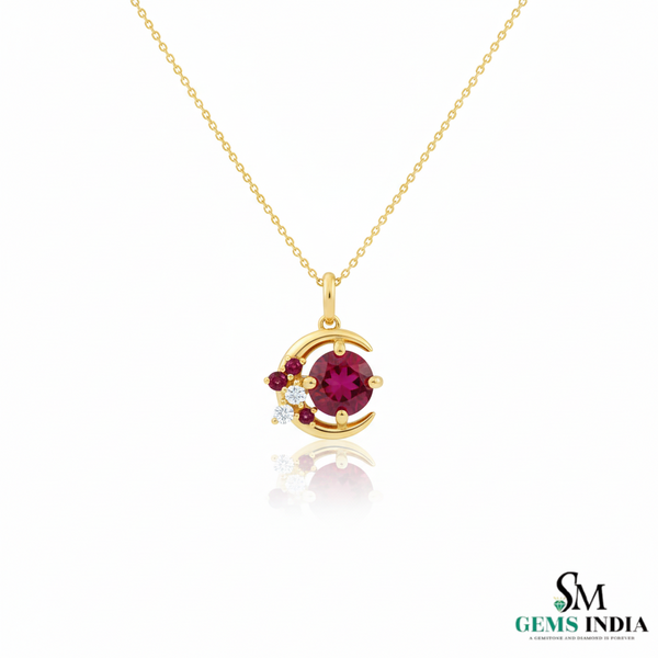 Round Cut Natural Ruby & Diamond Crescent Moon Pendant