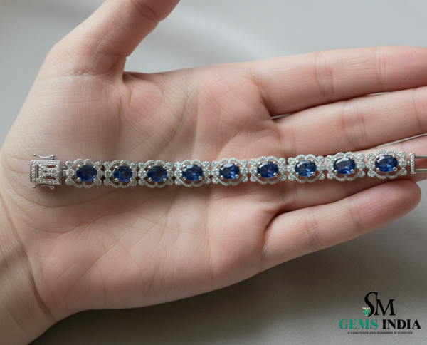 Classic Oval Blue Sapphire Bracelet with Diamond-Style Halo - Statement Jewelry