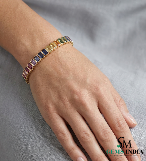 Rainbow Multi Color Emerald Cut Gemstone Bracelet - Elegant Statement Jewelry