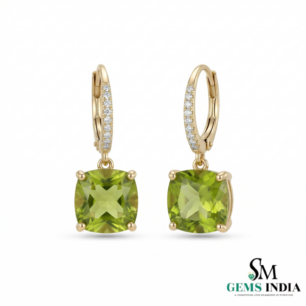Cushion Cut Peridot Drop Earrings and Diamonds - Elegant Dangle Earrings for Women