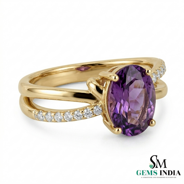 Oval Amethyst Criss Cross Ring in Gold with Diamond Accents