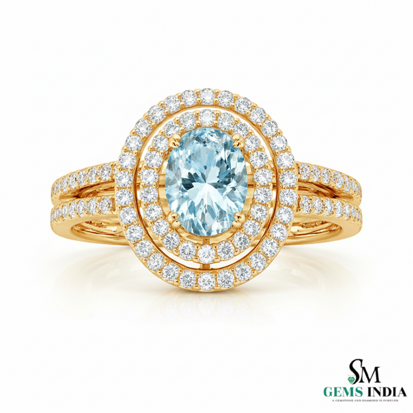Oval Cut Aquamarine Diamond Ring with Split Shank - Promise Ring