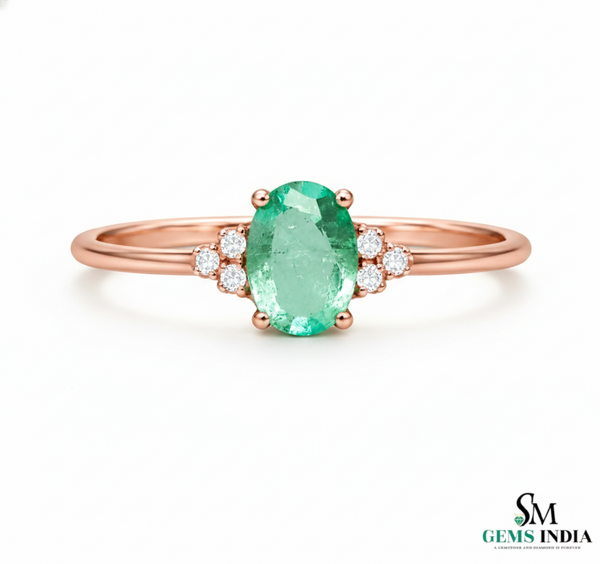 Natural Oval Emerald Engagement Ring with Diamond Accents – 14K Gold